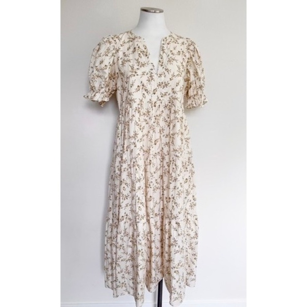 English Factory Floral Puff Sleeve Tiered Midi Dress Cream Tan Size M